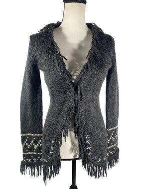 Free People vintage Y2K Fringe Open Cardigan Sweater L Wool Blend Boho Embroider
